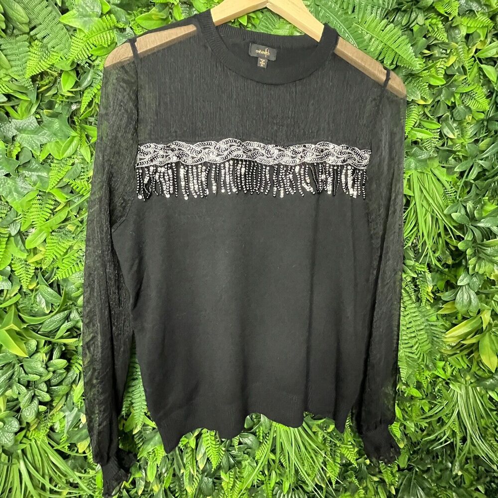 Ontwelfth Tops Women XL Black Sweater Blouse With Sequins Sheer Sleeve‎  0145 - Picture 10 of 13